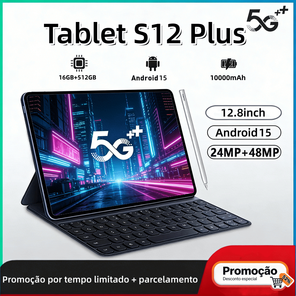 Tablet S12 Plus 12,8 polegadas, 16 GB + 1024GB, bateria de 12000 mAh, 5G e Wi-Fi – Oferta por tempo limitado com parcela