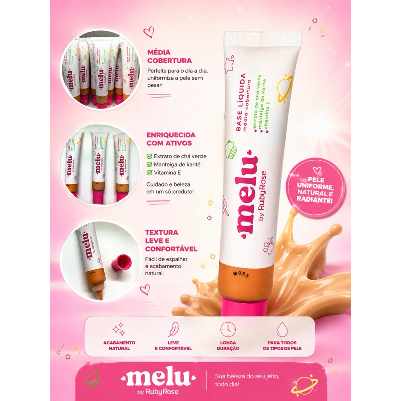 Base Facial Melu Ruby Rose MC51 MC52 MC53 Acabamento Natural Maquiagem Original Alta longa duração Cobertura Efeito Matt