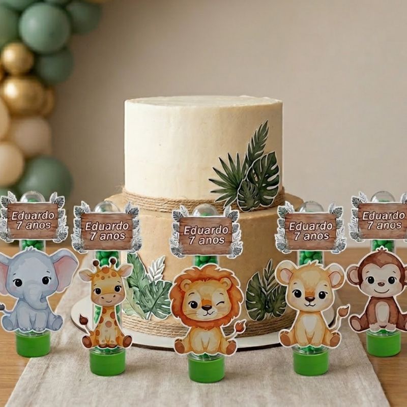 30 Tubetes Personalizados + Aplique 3D Tema Bichinhos Safari Lembrancinha Festa Aniversário Infantil