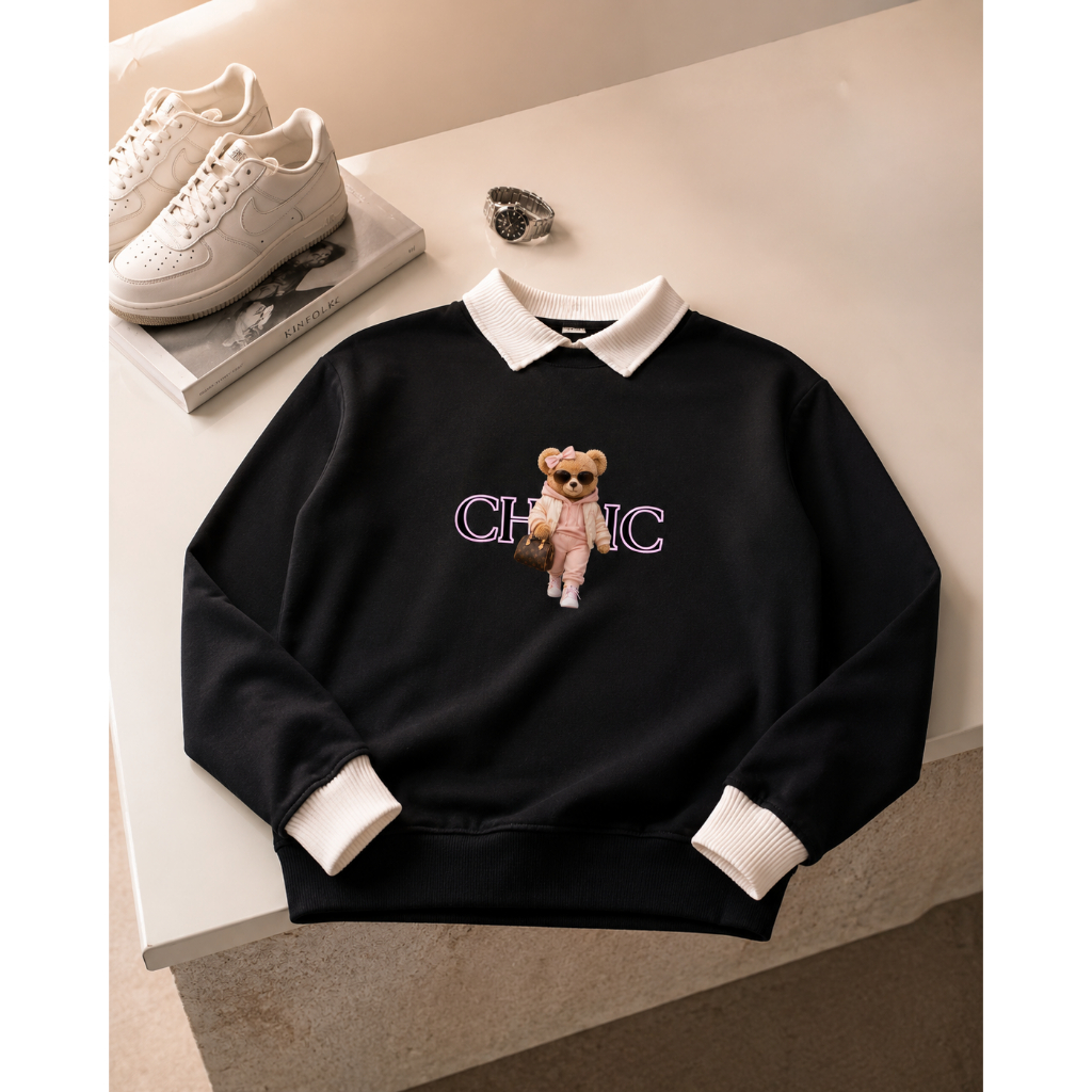 Moletom Feminino Flanelado Blusa de Frio Gola Social Ursinho Estiloso Casaco Quentinho Suéter
