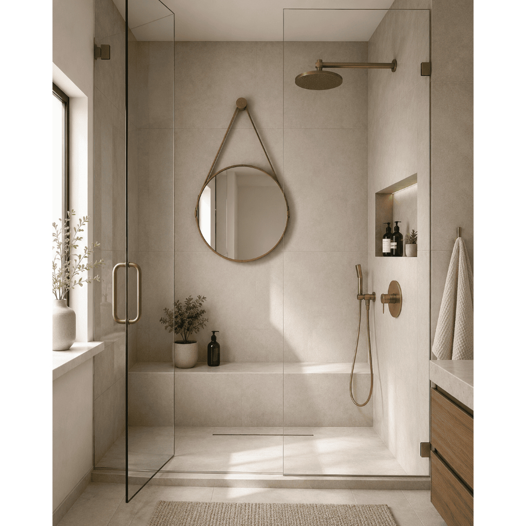 Espelho Decorativo Redondo Adnet 40cm com Alça de Couro Ecológico e Suporte Banheiros Sala Quarto · foto 2