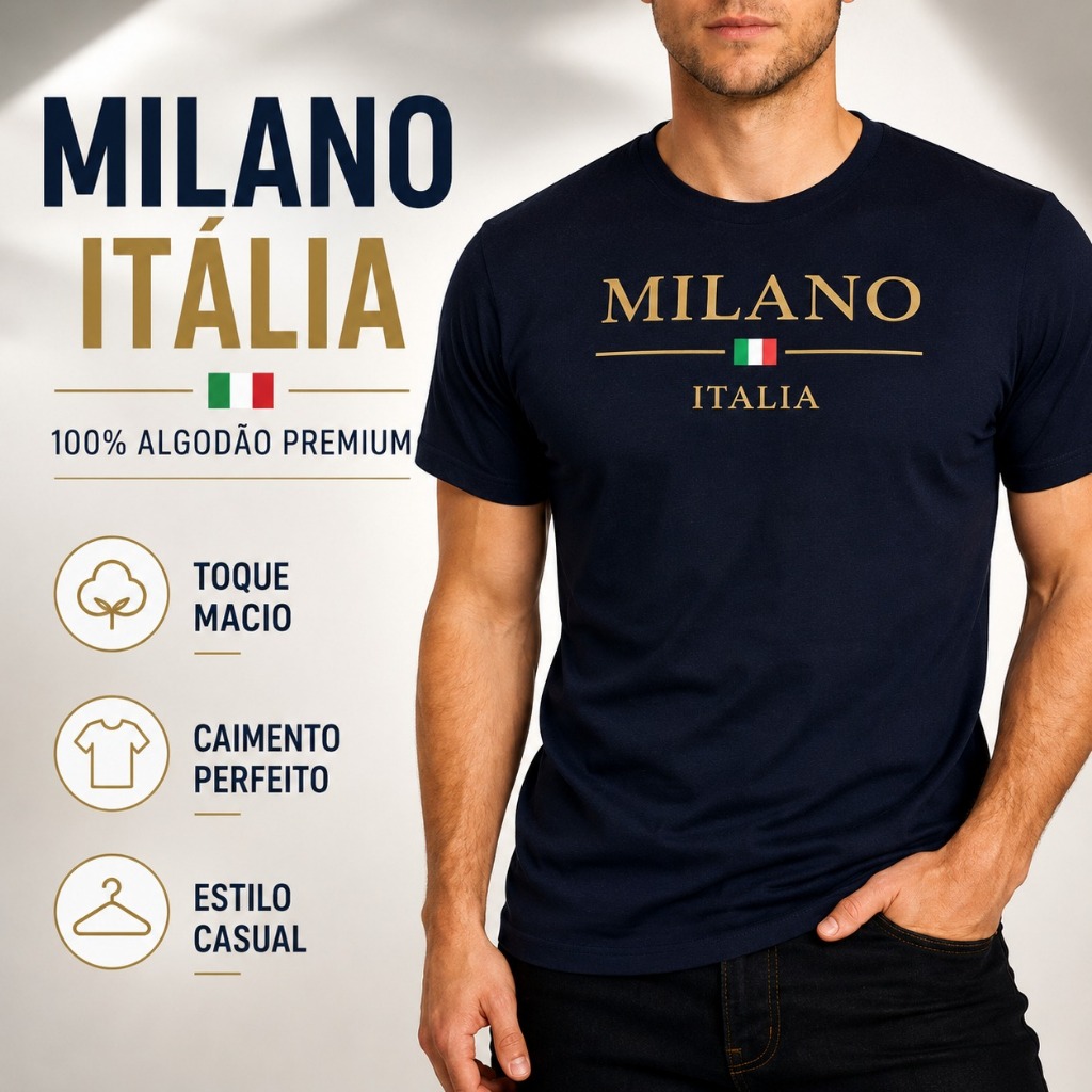 Camiseta Masculina Estampada Milano Itália 100% Algodão Premium Casual Básica