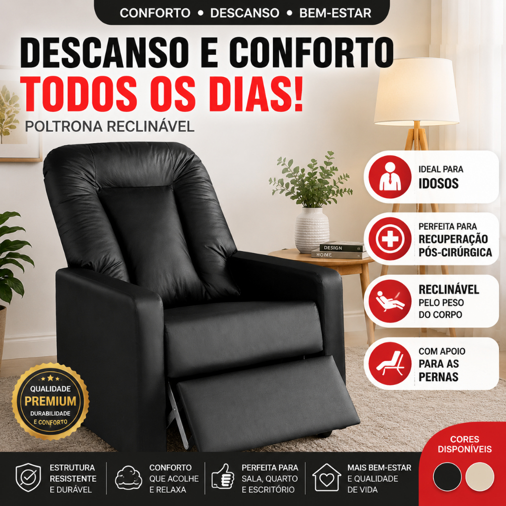 Poltrona Reclinável Idoso Pós Cirurgia Descanso Apoio Para Pés Sala TV Com Apoio Para Pernas
