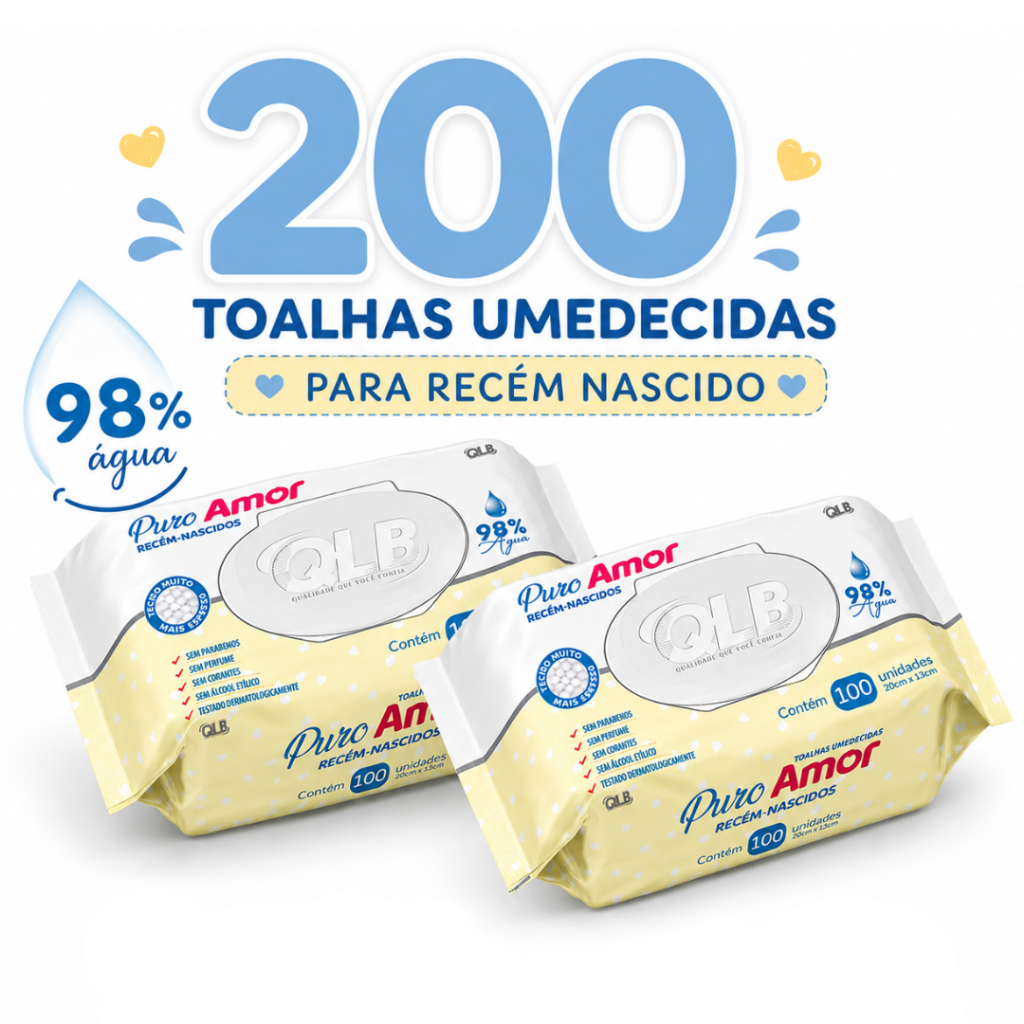Kit com 2 Lenços/Toalhas Umedecidas Puro Amor Recém-Nascidos c/100 Unidades Cada – Tampa FlipTop