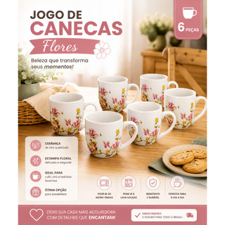 caneca de Porcelana jogo de canecas, kit 6 canecas, caneca floral, caneca para café, caneca para chá, caneca decorada