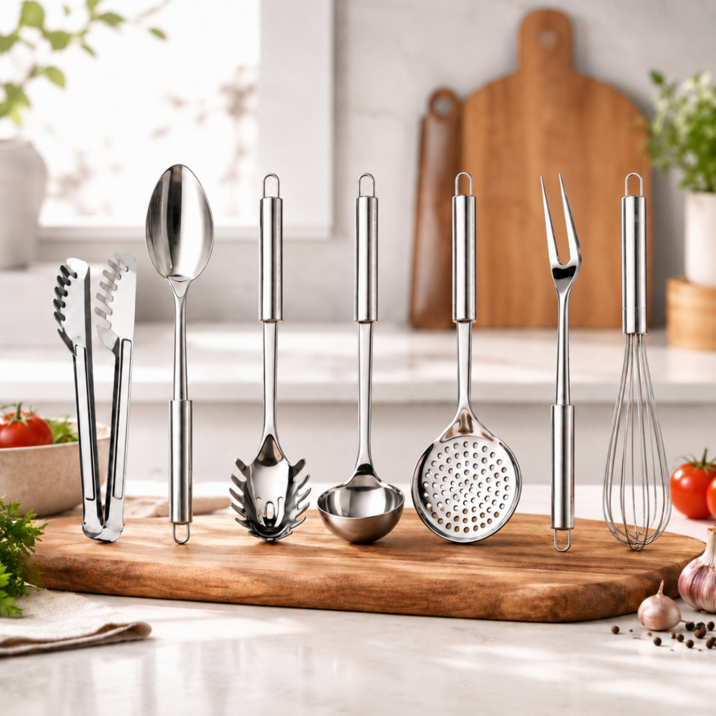 Kit Utensílios de Cozinha 7 100%  Inox Concha Escumadeira Pegador Massa Colher Garfo Fuet e Pegador