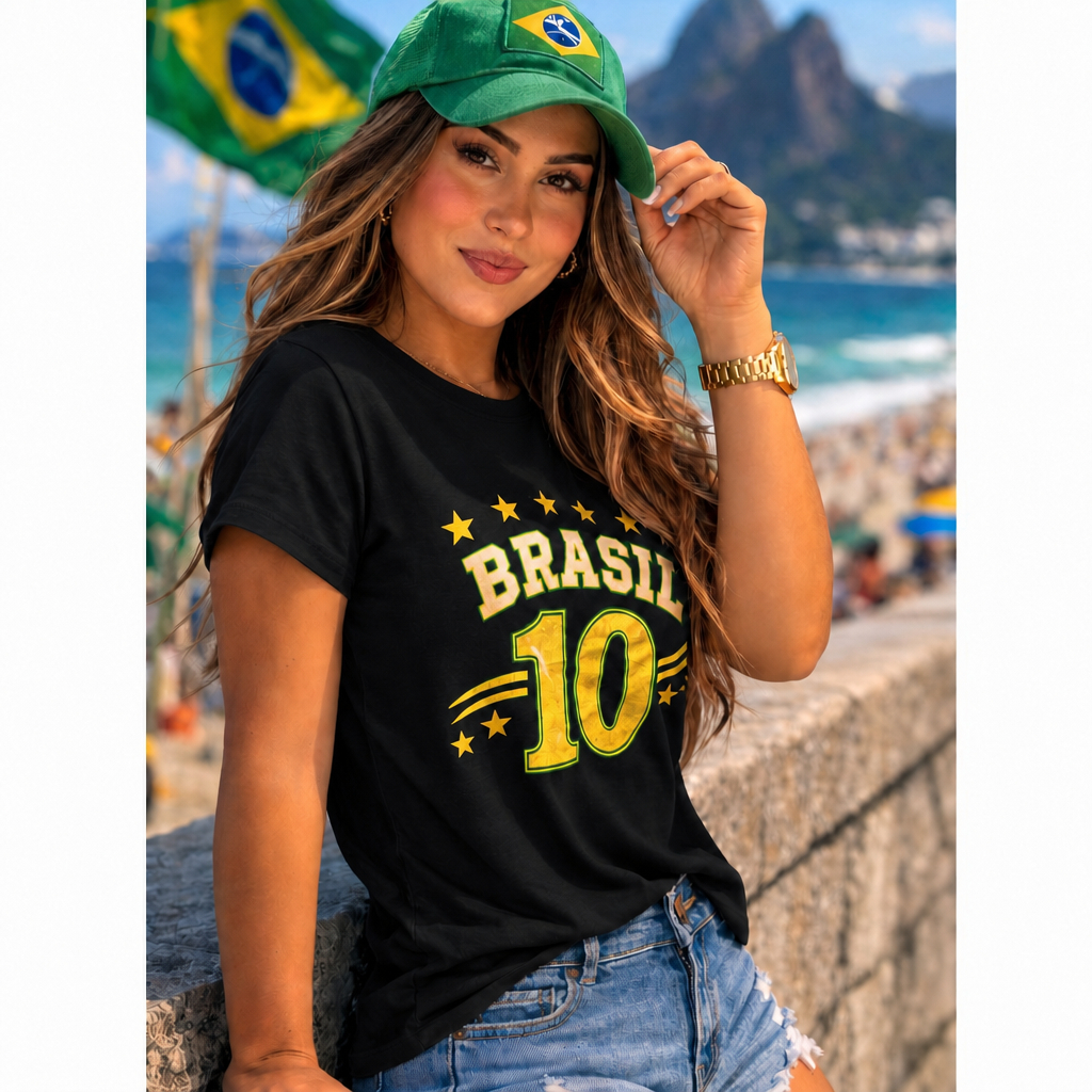 Blusa Brasil Feminina Estilosa Camiseta Preta Copa do Mundo Tshirt Gola Redonda Tendência Algodão