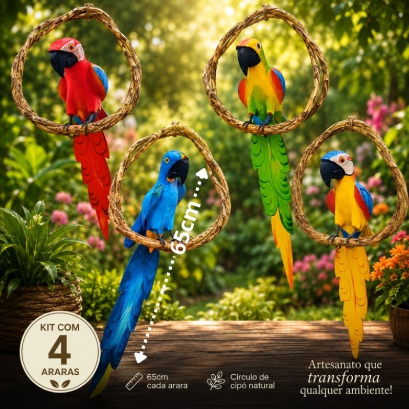 KIT COM 4 ARARAS DE 65CM DE MADEIRA NO CIPÓ ENFEITE PÁSSARO DE MADEIRA DECORAÇÃO CHÁCARA SÍTIO VARANDA
