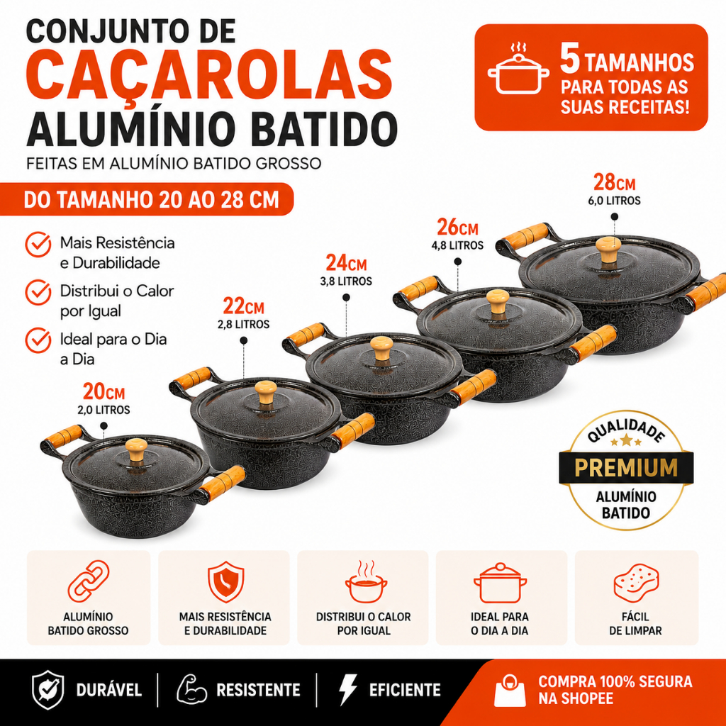 Conjunto Panelas Grandes Kit 20, 22, 24, 26 e 28 CM Alumínio Batido Grosso Panelas Rústica