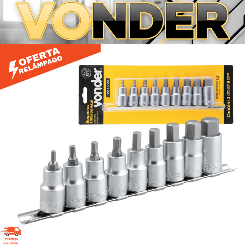 Jogo Soquete Allen Hexagonal 4 A 17 mm Encaixe 1/2 Polegada - Aço cromo vanádio - VONDER