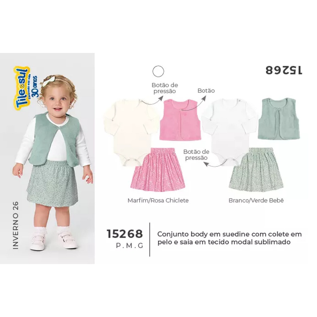 Conjunto Infantil Saia e Colete Peluciado Bebê Menina Tile e Sul - Roupa Infantil Feminina