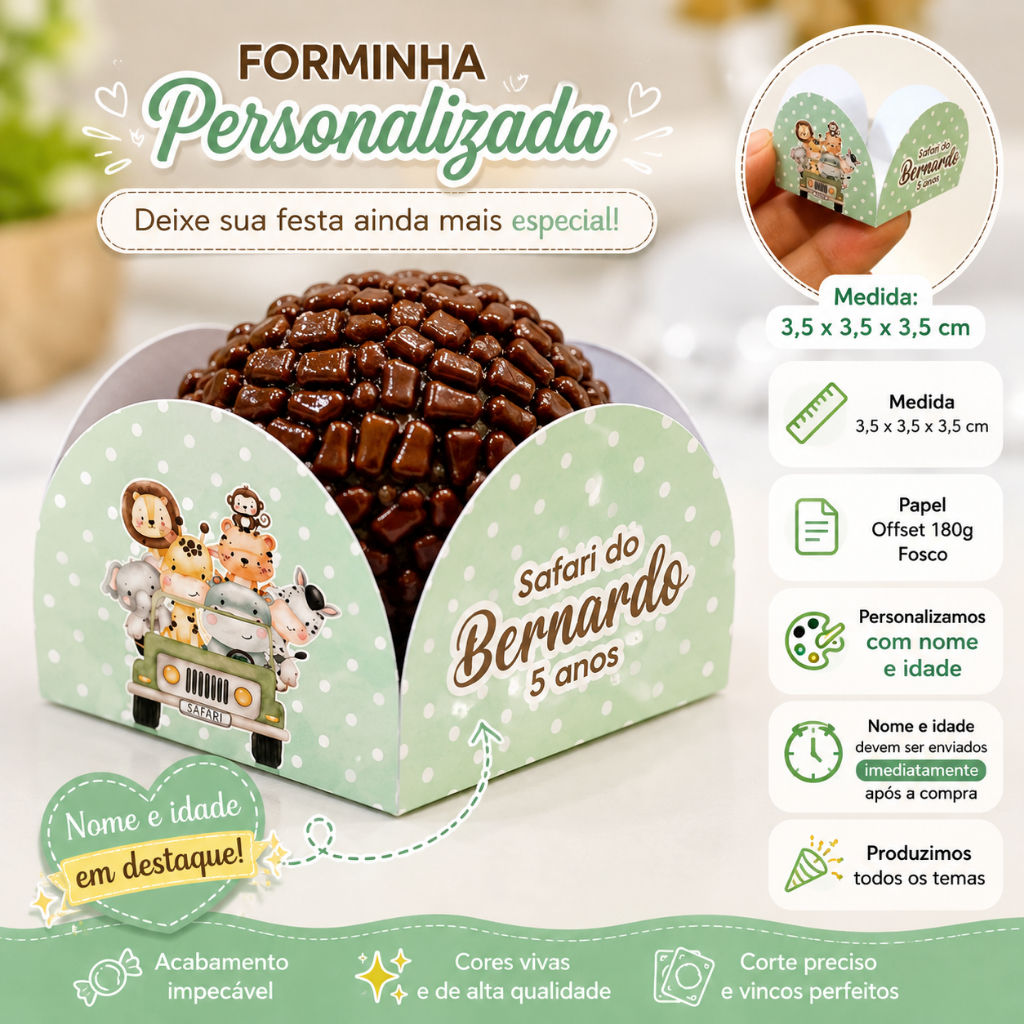 100 Forminha de doce Safari brigadeiro Personalizada - 4 pétalas - Festa de aniversário - Lembrancinha