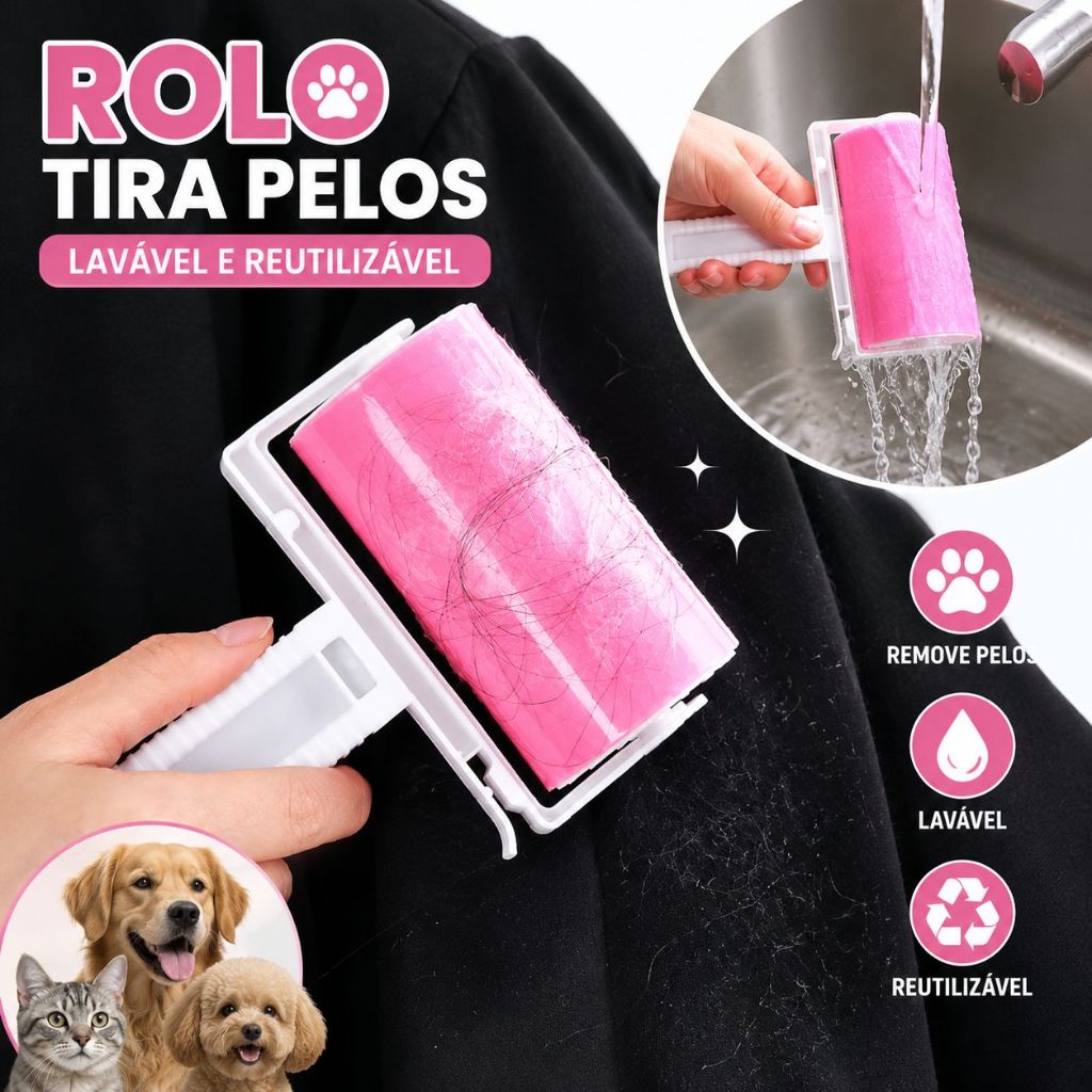 Rolo Tira Pelos Lavável Reutilizável Remove Pelos, Fiapos E Poeira Com Capa Protetora