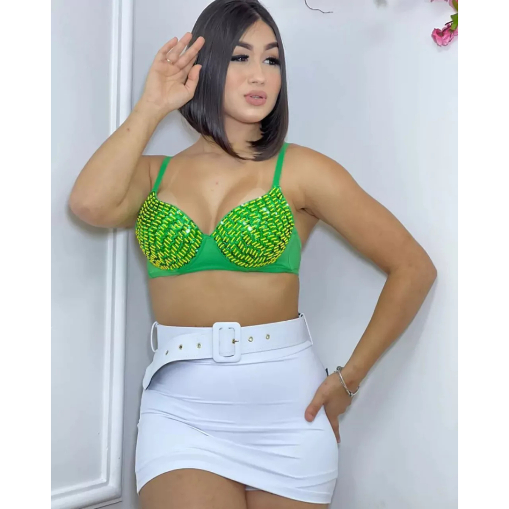 Top Cropped Bordado Feminino Bojo Pedrarias Copa do Brasil Sal e Pimenta