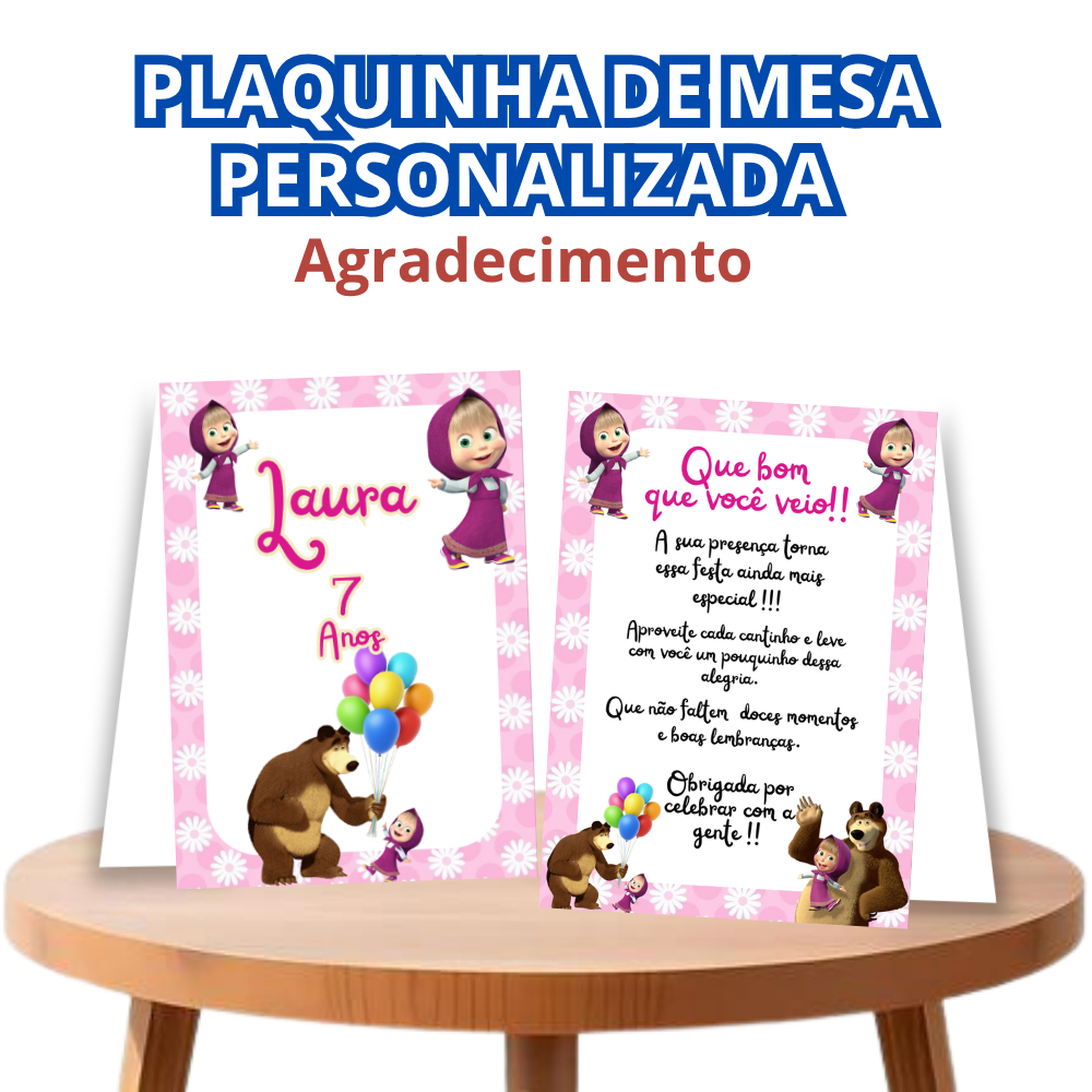 Plaquinha de mesa agradecimento MASHA E O URSO /Centro de mesa personalizado/Lembrancinha/Festa infantil
