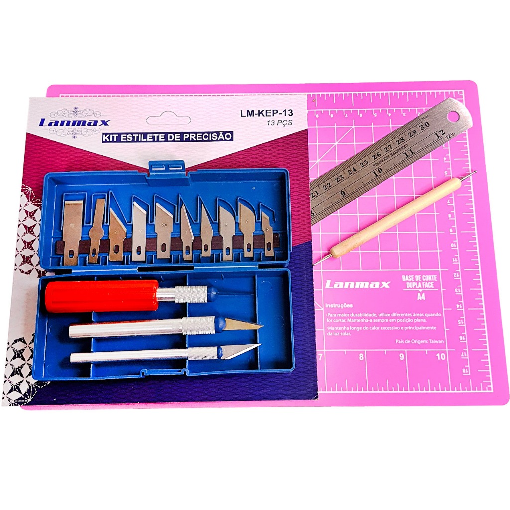Kit Estilete Bisturi + Base Rosa A4 30x22 + Régua Aço 30 Cm + Boleador