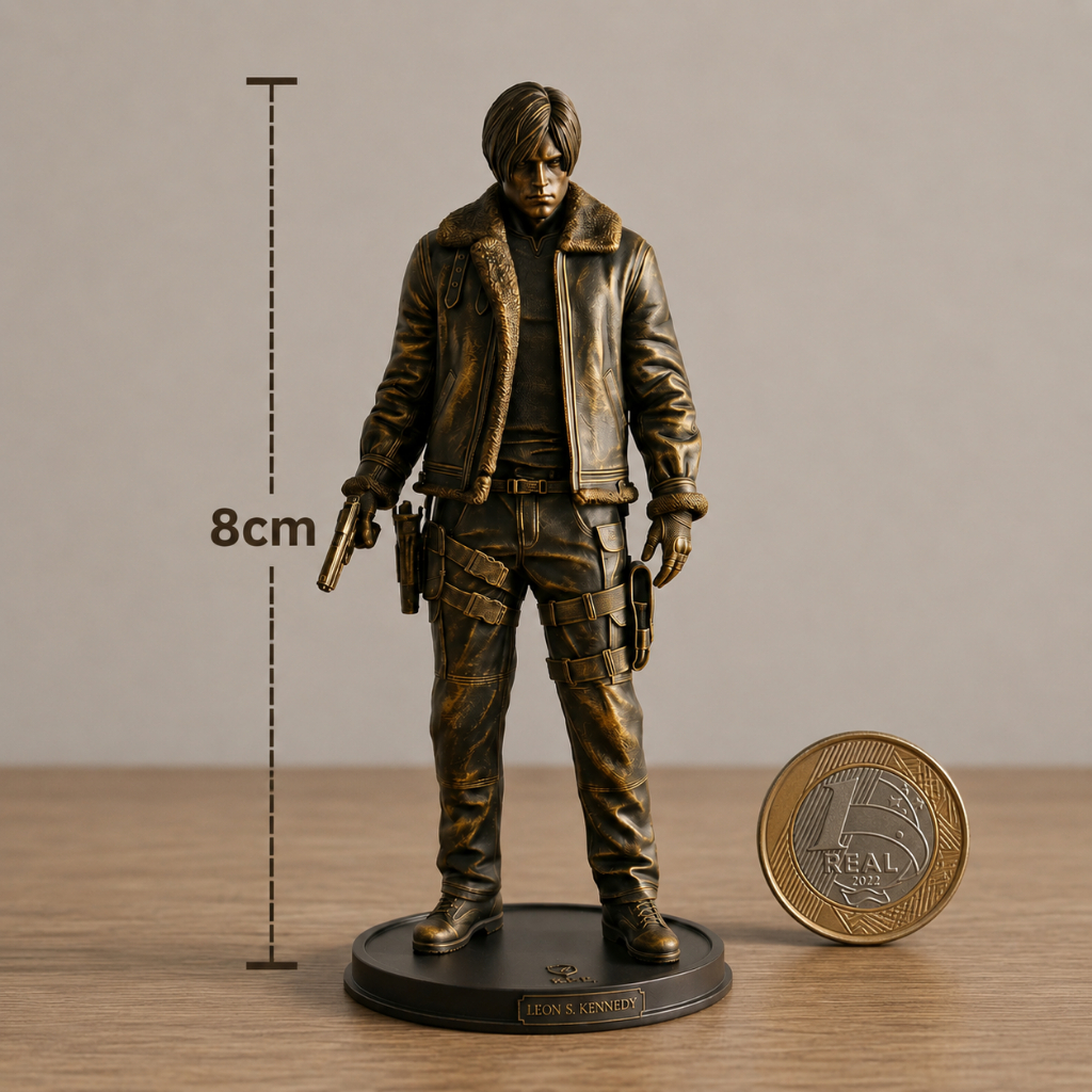 Estatueta Leon S. Kennedy / Resident Evil 4 - Estilo bronze envelhecido - Impressão 3D em resina!