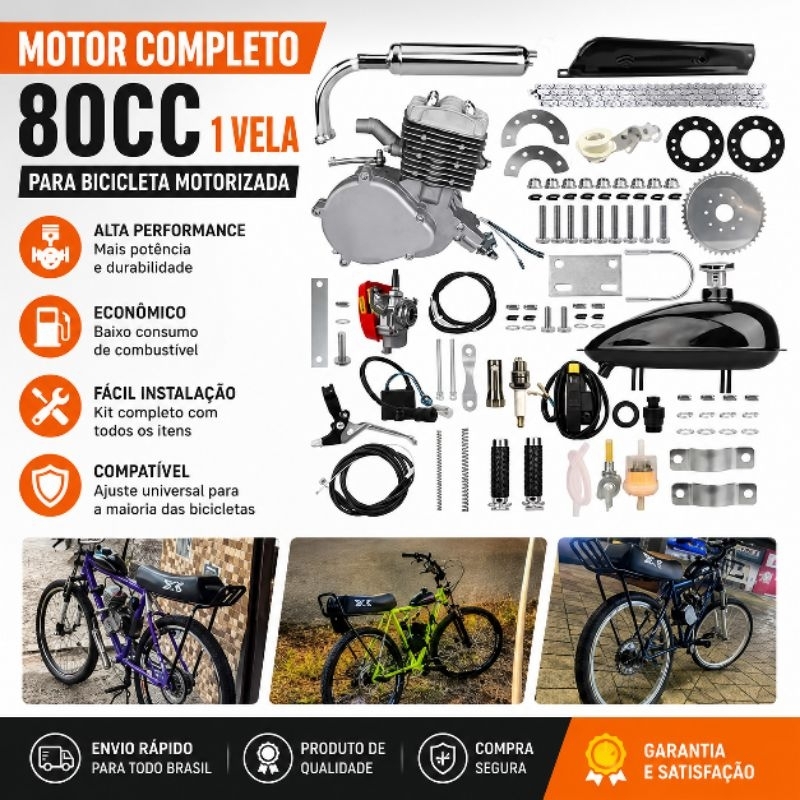 Kit Completo de Motor para Bicicleta Motorizada 80cc - Alta Performance  -  Motor de Bike Completo