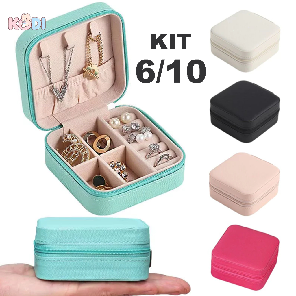 KIT 6/10 Porta Jóias Portátil de Bolsa com Divisões caixa de armazenamento para Brincos Colares -Q1