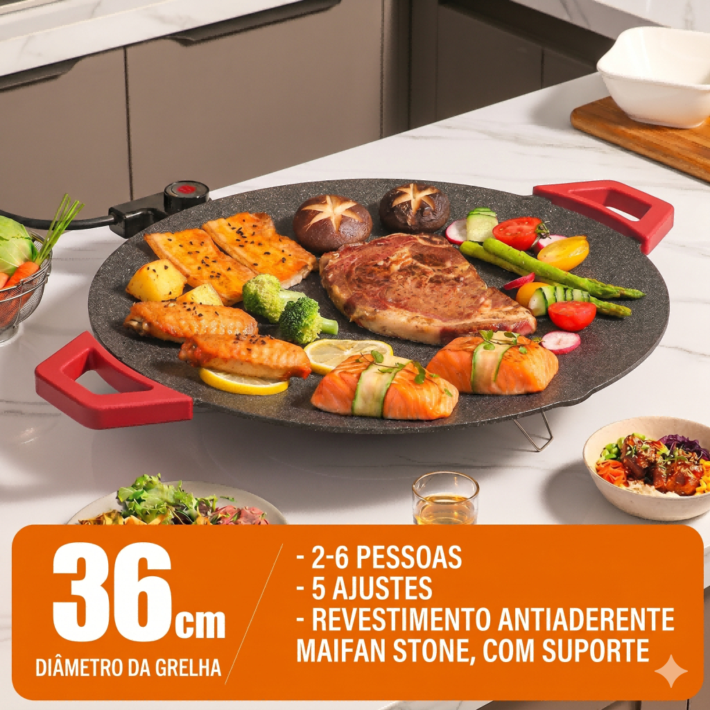 Grill Elétrico 36CM Antiaderente Sem Fumaça Churrasco, Churrasqueira Elétrica Multifuncional 5 Níveis 127V/220V