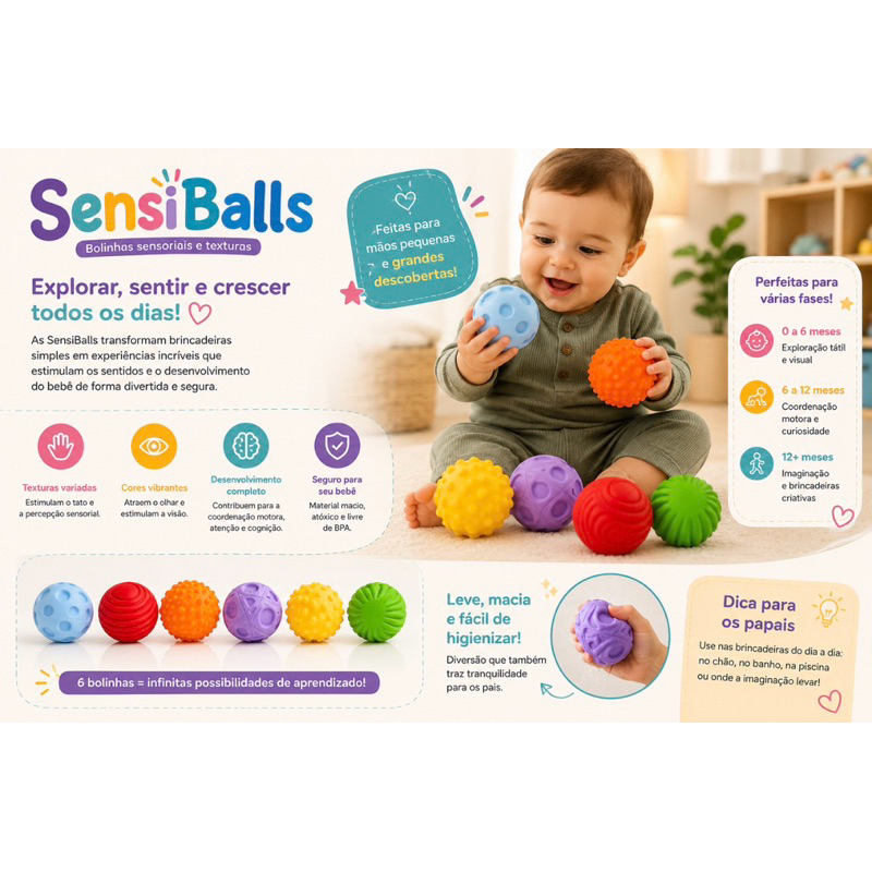 Kit 6 Bolas Sensoriais para Bebê Bolinhas Táctil Texturizadas Coloridas Montessori +6 Meses Desenvolvimento do Bebê — imagem 2 de 2