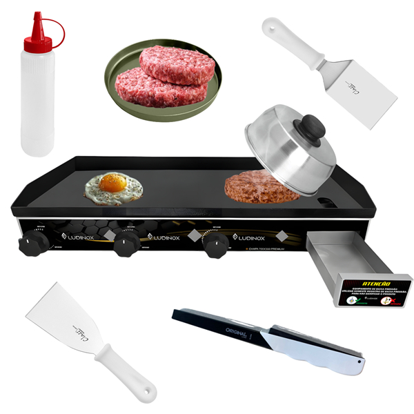 Chapa Para Lanche 30x70 Industrial Semiprofissional Gourmet PREMIUM + KIT ACESSÓRIOS
