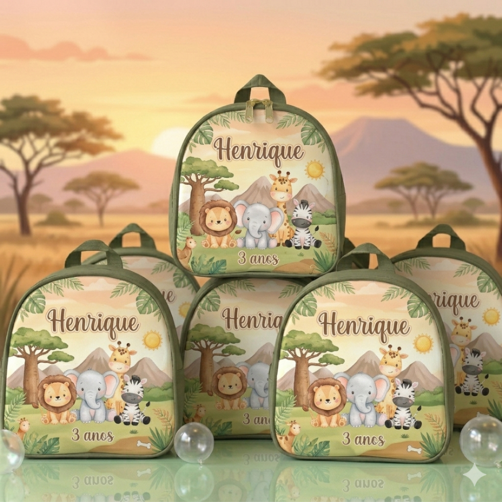 10 mochilinhas bolsas personalizadas safari, todos os temas, para lembrancinhas de aniversário, festas e eventos