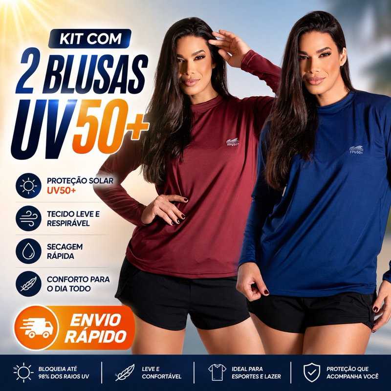Kit 2 Camisas Térmicas Femininas UV 50+ Manga Longa Segunda Pele Malha Fria Proteção Solar Treino Academia Corrida