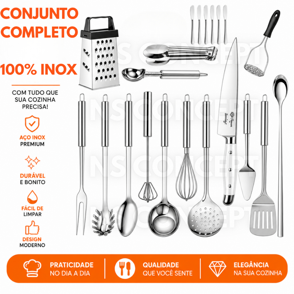 Utensílios De Cozinha Inox Premium Completo - Concha Colheres Espátulas Faca Amassadores Espremedores Conjunto Completo