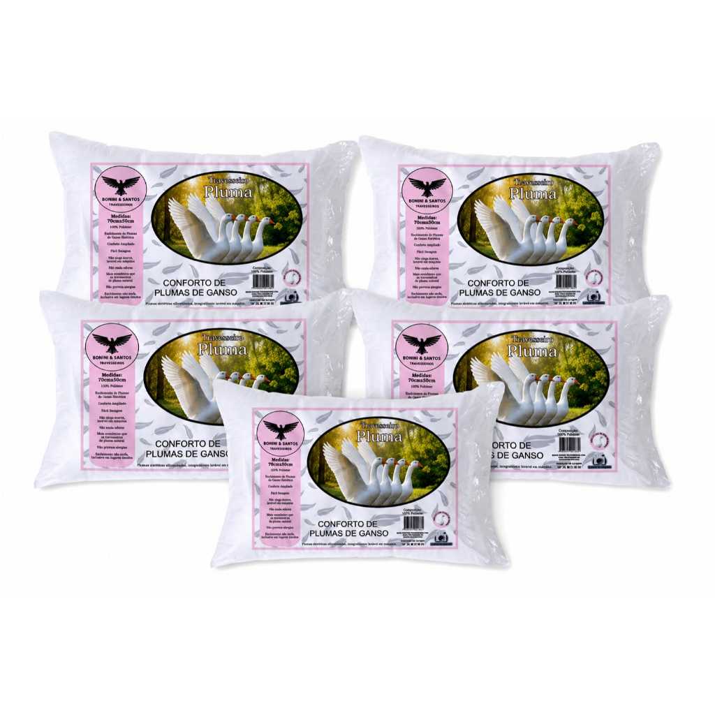 Kit 5 Travesseiros Toque Pluma de Ganso Antialérgicos Percal 400 Fios Extra Macios e Duráveis 70x50