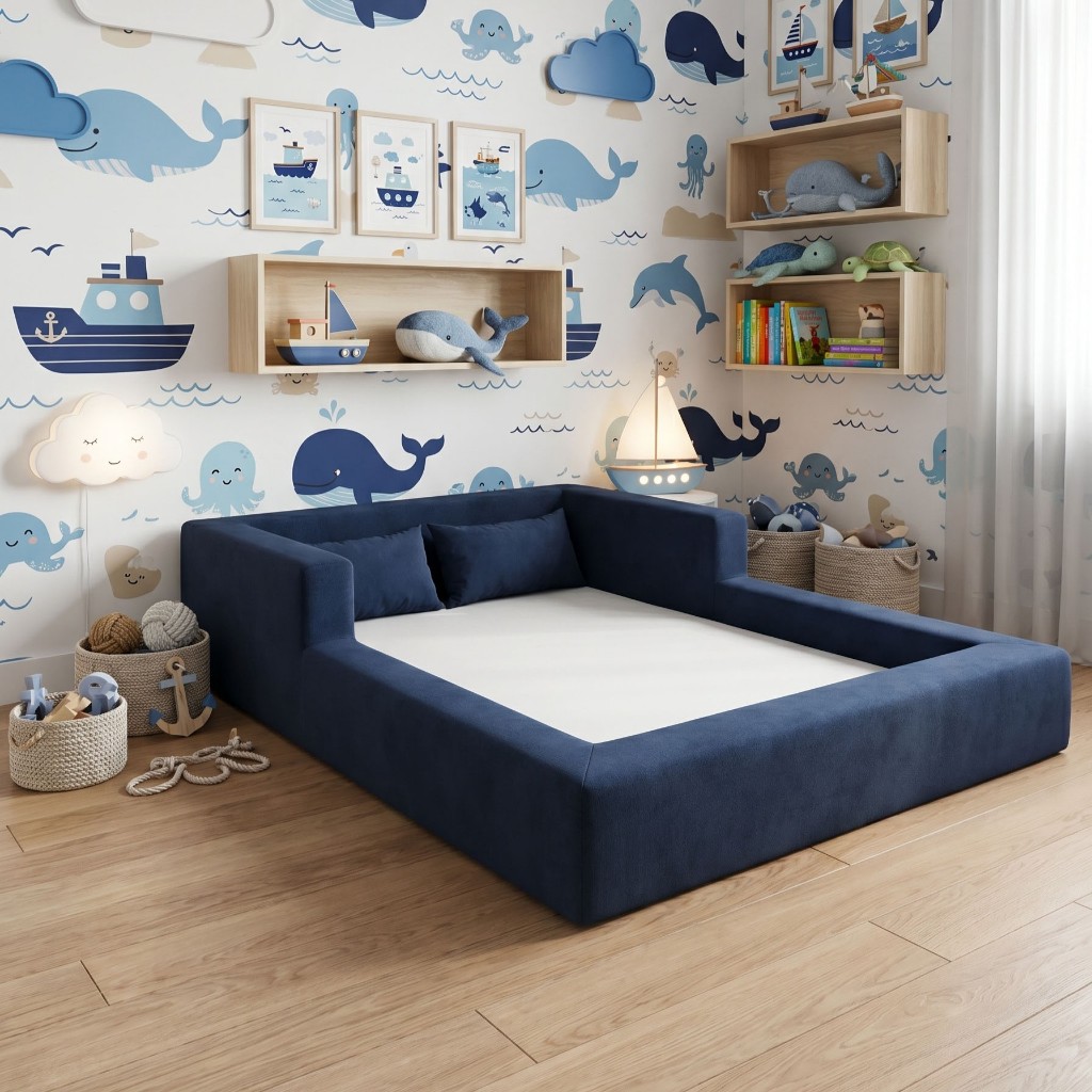Cama Montessoriana Casal Aconchego 100% Espuma Azul Marinho Keiko