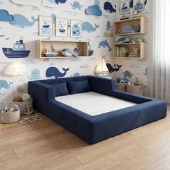 Cama Montessoriana Casal Aconchego 100% Espuma Azul Marinho Keiko