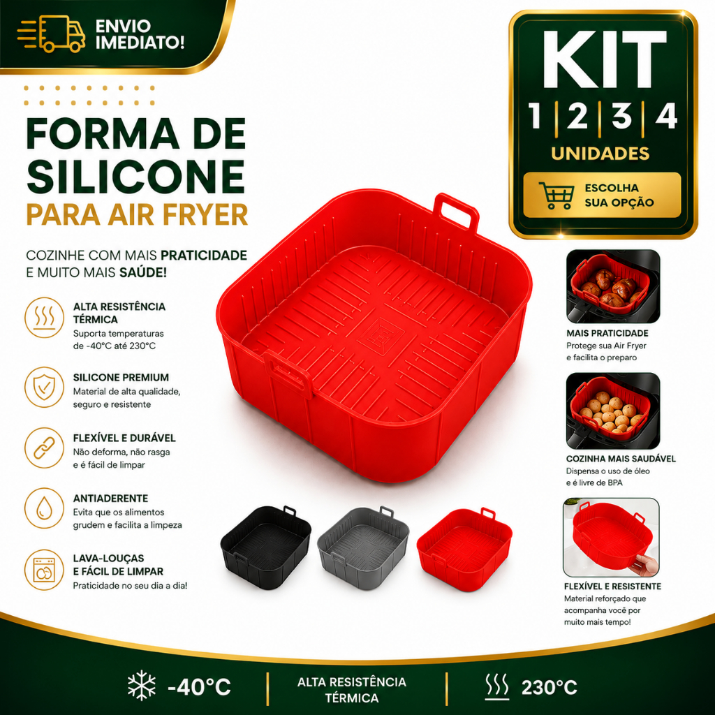 Forma de Silicone 20x20cm Quadrada 1/2/3/4 para Air Fryer Reutilizável Antiaderente Resistente Premium Até 230°C Premium