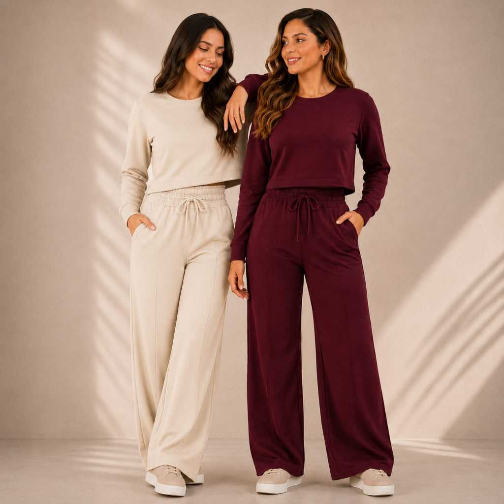 Conjunto Moletinho Feminino com blusa de frio estilosa  Manga Longa e Calça Pantalona Moda Inverno Casual