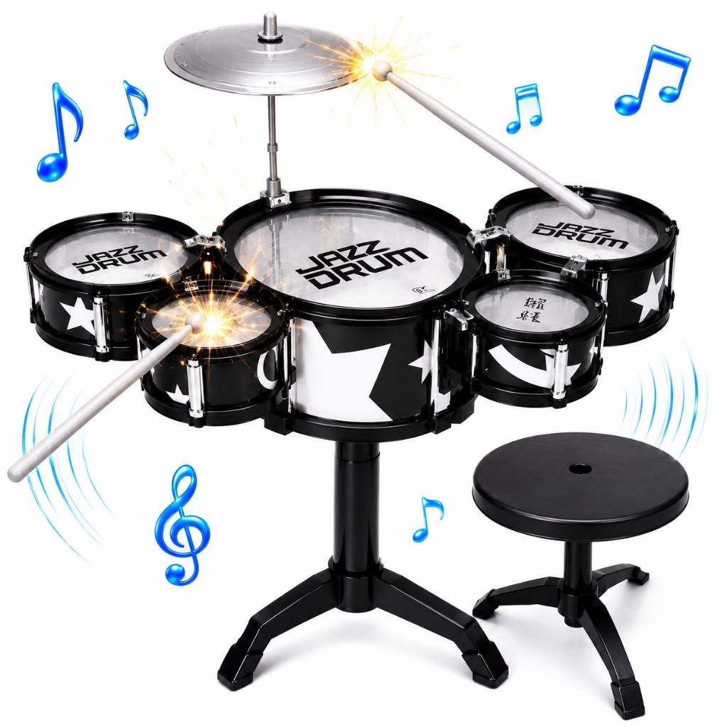 Bateria Infantil Musical Completa 5 Tambores com Banquinho e Baquetas