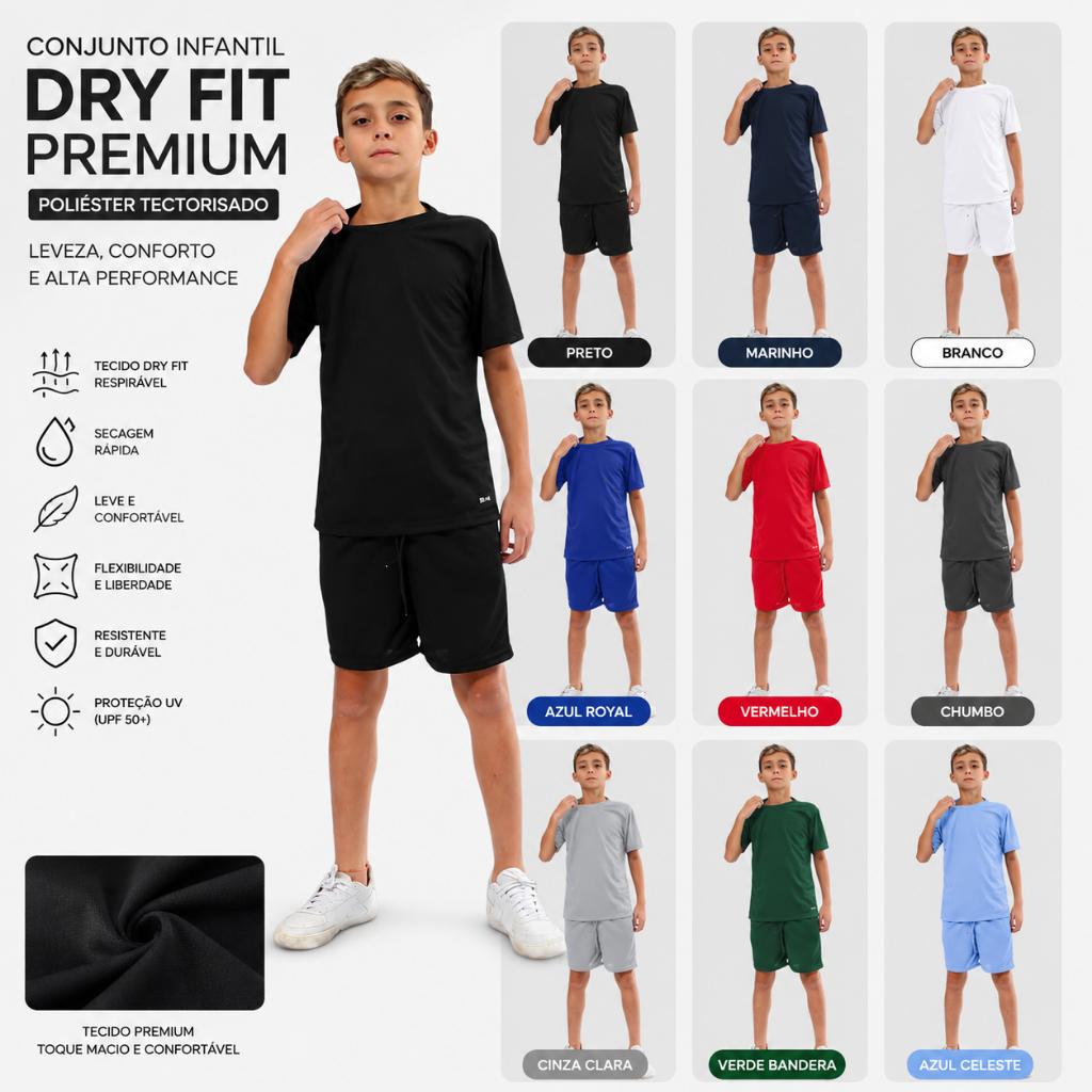 Conjunto  Menino Esportivo Camiseta + Bermuda Poliéster Premium Tam; 10 ao 16