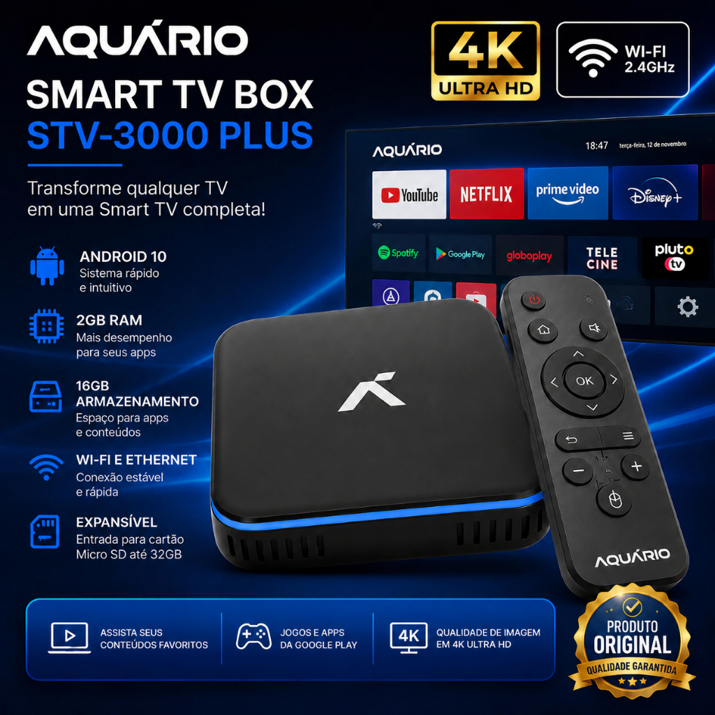 Smart TV Box 4K Aquário STV-3000 Plus Android 10 Wifi Netflix YouTube HDMI Original