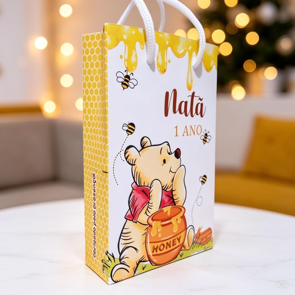 Sacolinha Surpresa Personalizada Ursinho Pooh Aquarela - Lembrancinha Festa Infantil Aniversário