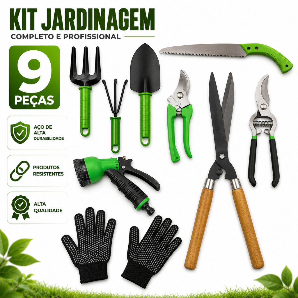 Kit Jogo Jardinagem Jardim Pá Tesoura Poda Luva 9 Peças Profissional Tesoura Grama Poda Pa Garfo Serrote Poda