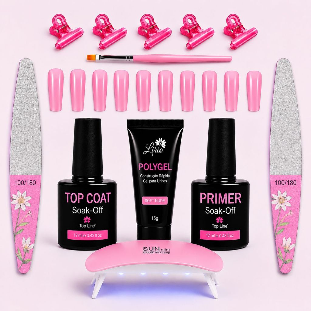 Kit Unhas em Gel Iniciante Manicure Alongamento Polygel Top Coat Primer Lixa Pincel Presilhas Moldem F1