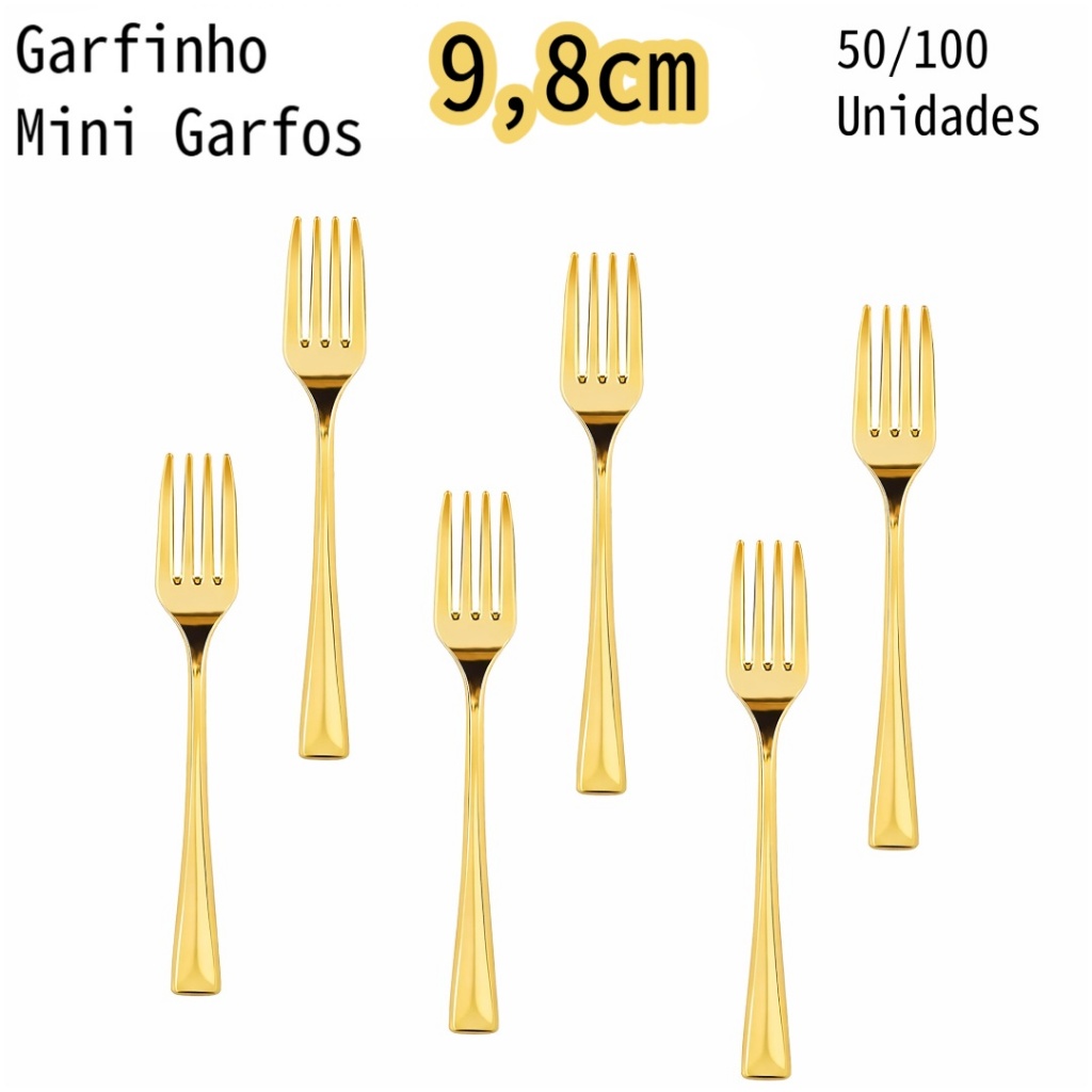 Kit 50/100 Mini Garfos descartáveis de plástico dourado para festas, pudins, sorvete e aperitivos