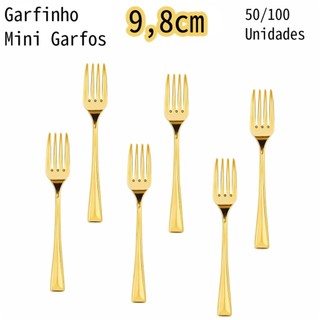 Kit 50/100 Mini Garfos descartáveis de plástico dourado para festas, pudins, sorvete e aperitivos