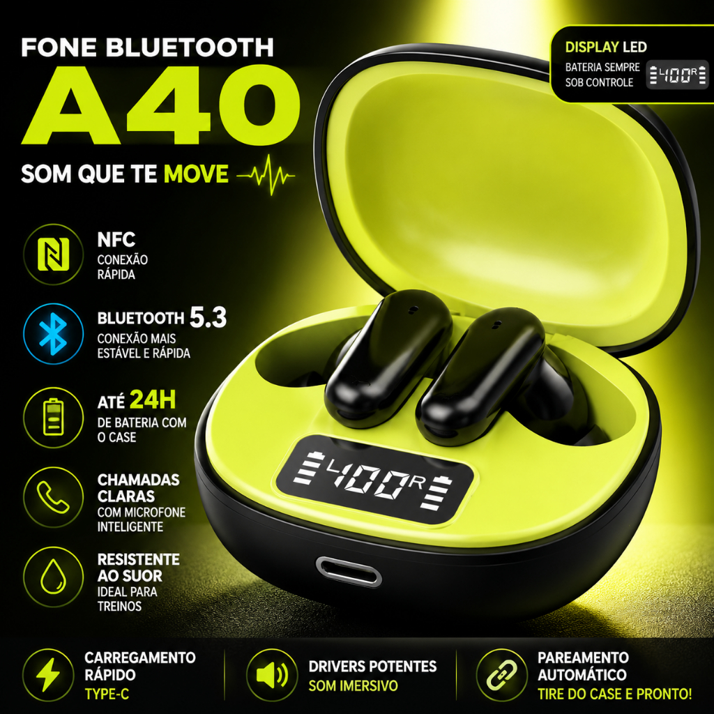 Fone De Ouvido Sem Fio A40 TWS Bluetooth 5.3 Com ANC Visor LED e Bateria de longa duração