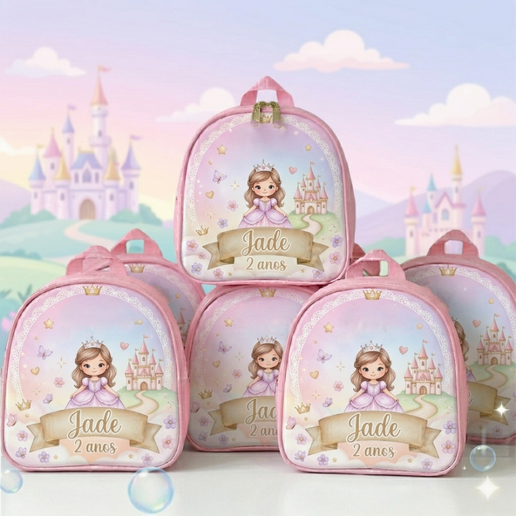 kit 35 Mochilinhas personalizadas princesa encantada, vários temas, personalizamos para lembrancinhas, festas e brindes