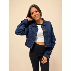 Jaqueta Jeans Feminina Cropped Azul Escuro Manga Longa De Algodão Estilosa