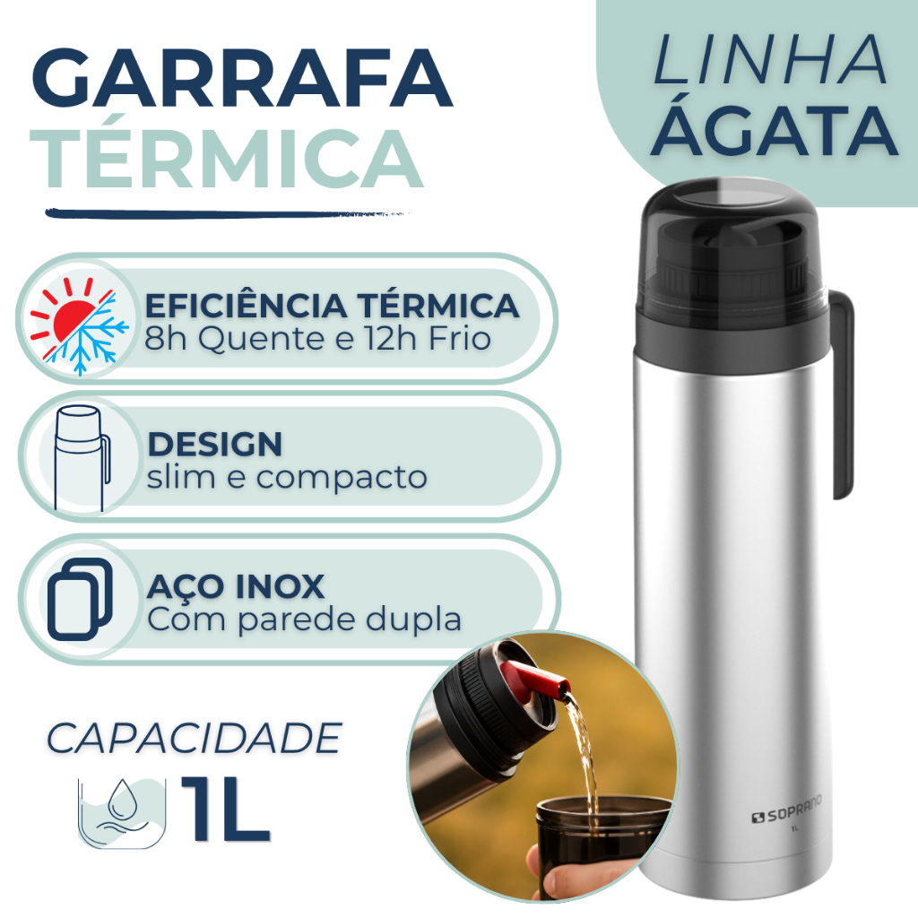 Garrafa Térmica 1 Litro Slim Inox Ágata Com Bico Bebidas Quente Frio Soprano