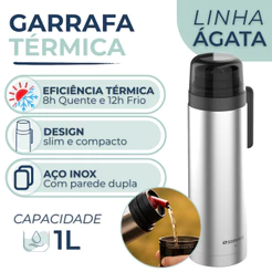Garrafa Térmica 1 Litro Slim Inox Ágata Com Bico Bebidas Quente Frio Soprano