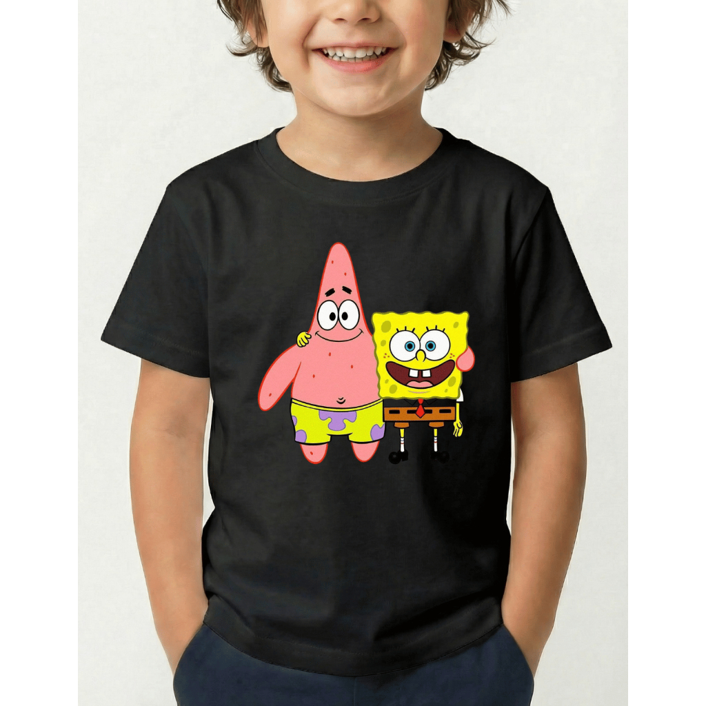 Camiseta Infantil Unissex Estampada Desenho Bob Esponja Personagens Algodão Confortável