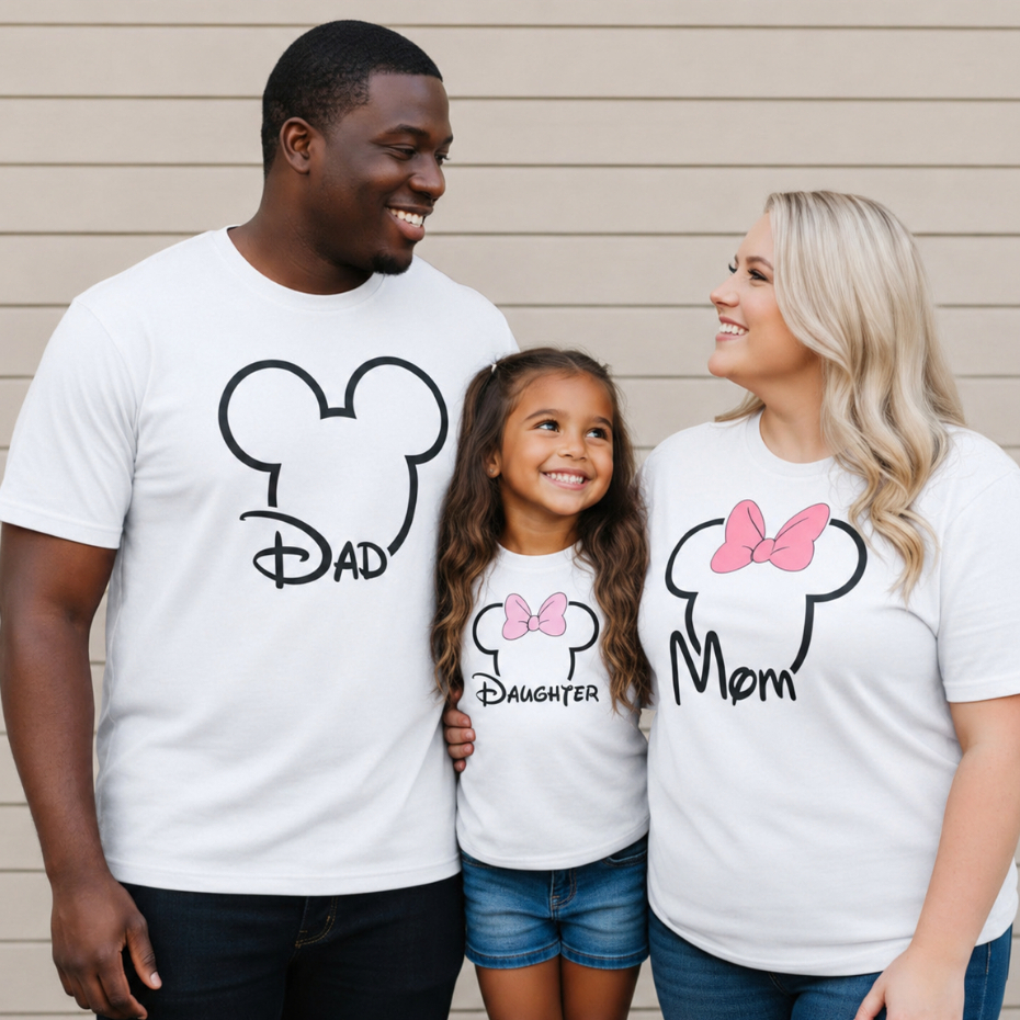 KIT 3 Camisetas Casal e Filhos Pai e Mãe Desenho Tshirt dia dos namorados Mick e Minie 100% algodão Plus Size