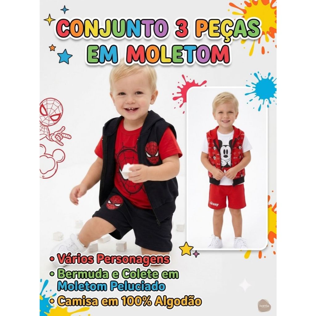 Conjunto 3 Peças Infantil Menino Moletom  Peluciado Bermuda + Colete com capuz + camisa  Personagem Homem Aranha, Mickey